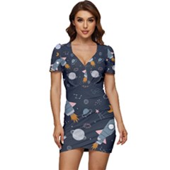 Space Background Illustration With Stars And Rocket Seamless Vector Pattern Low Cut Cap Sleeve Mini Dress by Salman4z