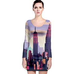 New York Skyline Cityscape Nyc New York City Landmark Long Sleeve Bodycon Dress by Jancukart