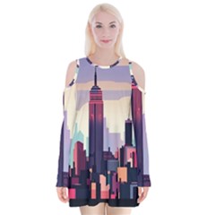 New York Skyline Cityscape Nyc New York City Landmark Velvet Long Sleeve Shoulder Cutout Dress by Jancukart