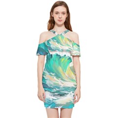 Waves Ocean Sea Tsunami Nautical 90 Shoulder Frill Bodycon Summer Dress by Jancukart