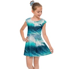 Waves Ocean Sea Tsunami Nautical Blue Kids  Cap Sleeve Dress by Jancukart