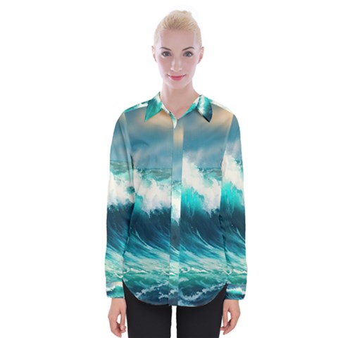 Waves Ocean Sea Tsunami Nautical Blue Womens Long Sleeve Shirt by Jancukart