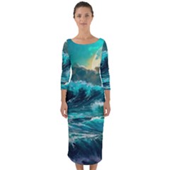Tsunami Waves Ocean Sea Nautical Nature Water 5 Quarter Sleeve Midi Bodycon Dress by Jancukart