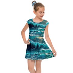 Tsunami Waves Ocean Sea Nautical Nature Water 5 Kids  Cap Sleeve Dress by Jancukart