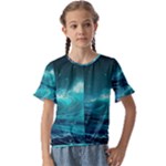 Tsunami Waves Ocean Sea Nautical Nature Water 7 Kids  Cuff Sleeve Scrunch Bottom Tee