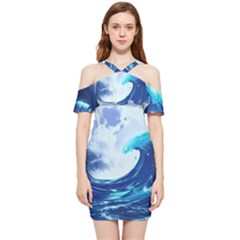 Waves Ocean Sea Tsunami Nautical 7 Shoulder Frill Bodycon Summer Dress by Jancukart