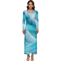 Tsunami Waves Ocean Sea Nautical Nature Water Tidal Long Sleeve Longline Maxi Dress by Jancukart