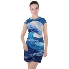 Tsunami Waves Ocean Sea Nautical Nature Water Moon Drawstring Hooded Dress by Jancukart