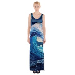 Tsunami Waves Ocean Sea Nautical Nature Water Moon Thigh Split Maxi Dress by Jancukart