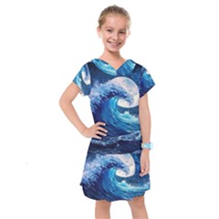 Tsunami Waves Ocean Sea Nautical Nature Water Moon Kids  Drop Waist Dress by Jancukart