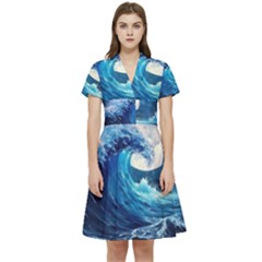 Tsunami Waves Ocean Sea Nautical Nature Water Moon Short Sleeve Waist Detail Dress by Jancukart