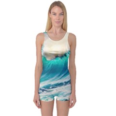 Tsunami Waves Ocean Sea Nautical Nature Water Art Ai Generated One Piece Boyleg Swimsuit by Jancukart