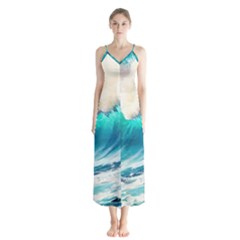 Tsunami Waves Ocean Sea Nautical Nature Water Art Ai Generated Button Up Chiffon Maxi Dress by Jancukart