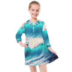 Tsunami Waves Ocean Sea Nautical Nature Water Art Ai Generated Kids  Quarter Sleeve Shirt Dress by Jancukart