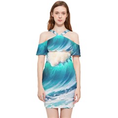Tsunami Waves Ocean Sea Nautical Nature Water Art Ai Generated Shoulder Frill Bodycon Summer Dress by Jancukart
