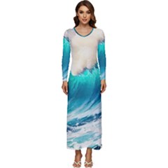 Tsunami Waves Ocean Sea Nautical Nature Water Art Ai Generated Long Sleeve Longline Maxi Dress by Jancukart