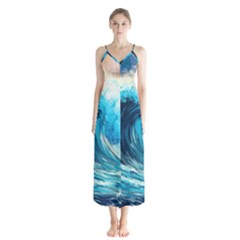 Tsunami Waves Ocean Sea Nautical Nature Water Arts Button Up Chiffon Maxi Dress by Jancukart