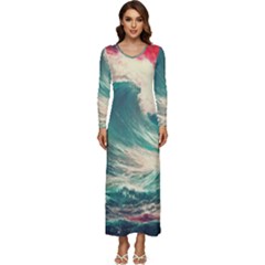 Storm Tsunami Waves Ocean Sea Nautical Nature 2 Long Sleeve Longline Maxi Dress by Jancukart