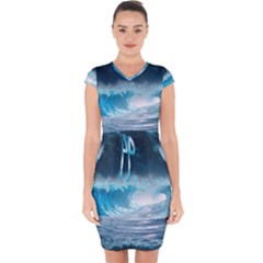 Thunderstorm Storm Tsunami Waves Ocean Sea Capsleeve Drawstring Dress  by Jancukart