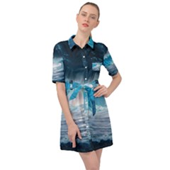 Thunderstorm Storm Tsunami Waves Ocean Sea Belted Shirt Dress by Jancukart