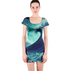 Waves Ocean Sea Tsunami Nautical Short Sleeve Bodycon Dress by Jancukart
