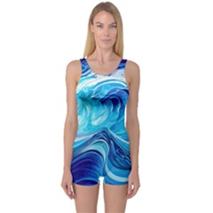 Tsunami Waves Ocean Sea Nautical Nature Abstract Blue Water One Piece Boyleg Swimsuit by Jancukart