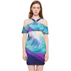 Waves Ocean Sea Tsunami Nautical Nature Water Shoulder Frill Bodycon Summer Dress by Jancukart