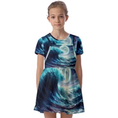 Tsunami Waves Ocean Sea Nautical Nature Water 4 Kids  Short Sleeve Pinafore Style Dress by Jancukart