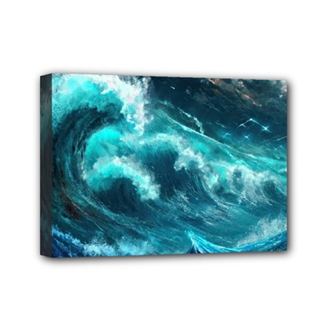 Thunderstorm Tsunami Tidal Wave Ocean Waves Sea Mini Canvas 7  X 5  (stretched) by Jancukart