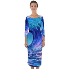 Tsunami Tidal Wave Ocean Waves Sea Nature Water 2 Quarter Sleeve Midi Bodycon Dress by Jancukart
