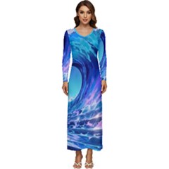 Tsunami Tidal Wave Ocean Waves Sea Nature Water 2 Long Sleeve Longline Maxi Dress by Jancukart