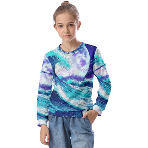 Tsunami Waves Ocean Sea Nautical Nature Water Kids  Long Sleeve Tee With Frill  by Jancukart