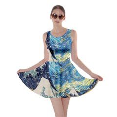 The Great Wave Of Kanagawa Painting Starry Night Van Gogh Skater Dress by Sudheng