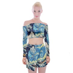 The Great Wave Of Kanagawa Painting Starry Night Van Gogh Off Shoulder Top With Mini Skirt Set by Sudheng
