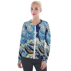 The Great Wave Of Kanagawa Painting Starry Night Van Gogh Velvet Zip Up Jacket by Sudheng