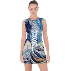The Great Wave Of Kanagawa Painting Starry Night Van Gogh Lace Up Front Bodycon Dress by Sudheng