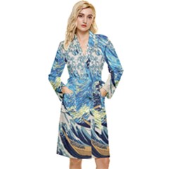 The Great Wave Of Kanagawa Painting Starry Night Van Gogh Long Sleeve Velvet Robe by Sudheng