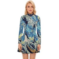 The Great Wave Of Kanagawa Painting Starry Night Van Gogh Long Sleeve Velour Longline Dress by Sudheng