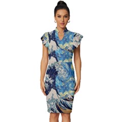 The Great Wave Of Kanagawa Painting Starry Night Van Gogh Vintage Frill Sleeve V-neck Bodycon Dress by Sudheng