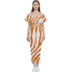 Orange Zebra Vibes Animal Print   Off Shoulder Ruffle Top Jumpsuit by ConteMonfrey