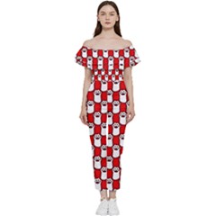 Red And White Cat Paws Off Shoulder Ruffle Top Jumpsuit by ConteMonfrey