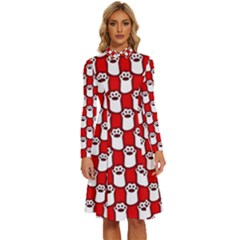 Red And White Cat Paws Long Sleeve Shirt Collar A-line Dress by ConteMonfrey
