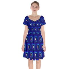 Blue Neon Squares - Modern Abstract Short Sleeve Bardot Dress by ConteMonfrey
