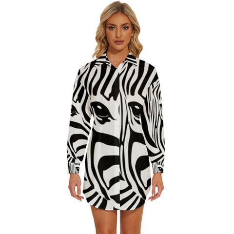 Animal Cute Pattern Art Zebra Womens Long Sleeve Shirt Dress by Amaryn4rt