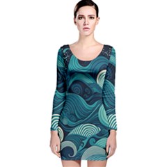 Waves Ocean Sea Abstract Whimsical Abstract Art Long Sleeve Velvet Bodycon Dress by Wegoenart