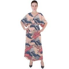 Waves Ocean Sea Water Pattern Rough Seas V-neck Boho Style Maxi Dress by Wegoenart