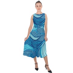 Ocean Waves Sea Abstract Pattern Water Blue Midi Tie-back Chiffon Dress by Wegoenart
