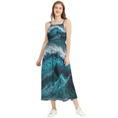 Tsunami Waves Ocean Sea Water Rough Seas Blue Boho Sleeveless Summer Dress by Wegoenart