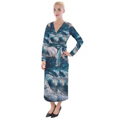 Tsunami Waves Ocean Sea Water Rough Seas Velvet Maxi Wrap Dress by Wegoenart
