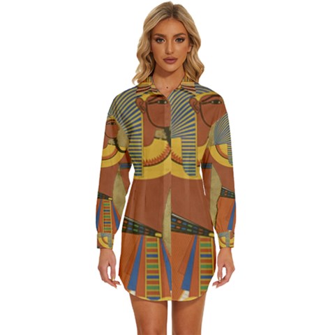 Egyptian Tutunkhamun Pharaoh Design Womens Long Sleeve Shirt Dress by Celenk